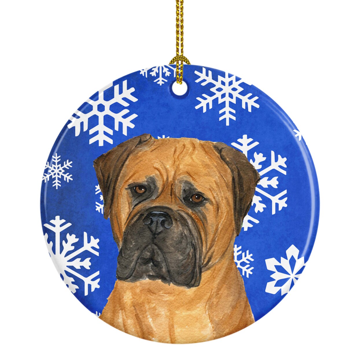 Caroline&#x27;s Treasures   SS4655-CO1 Bullmastiff Winter Snowflakes Holiday Ceramic Ornament, 3 in, multicolor