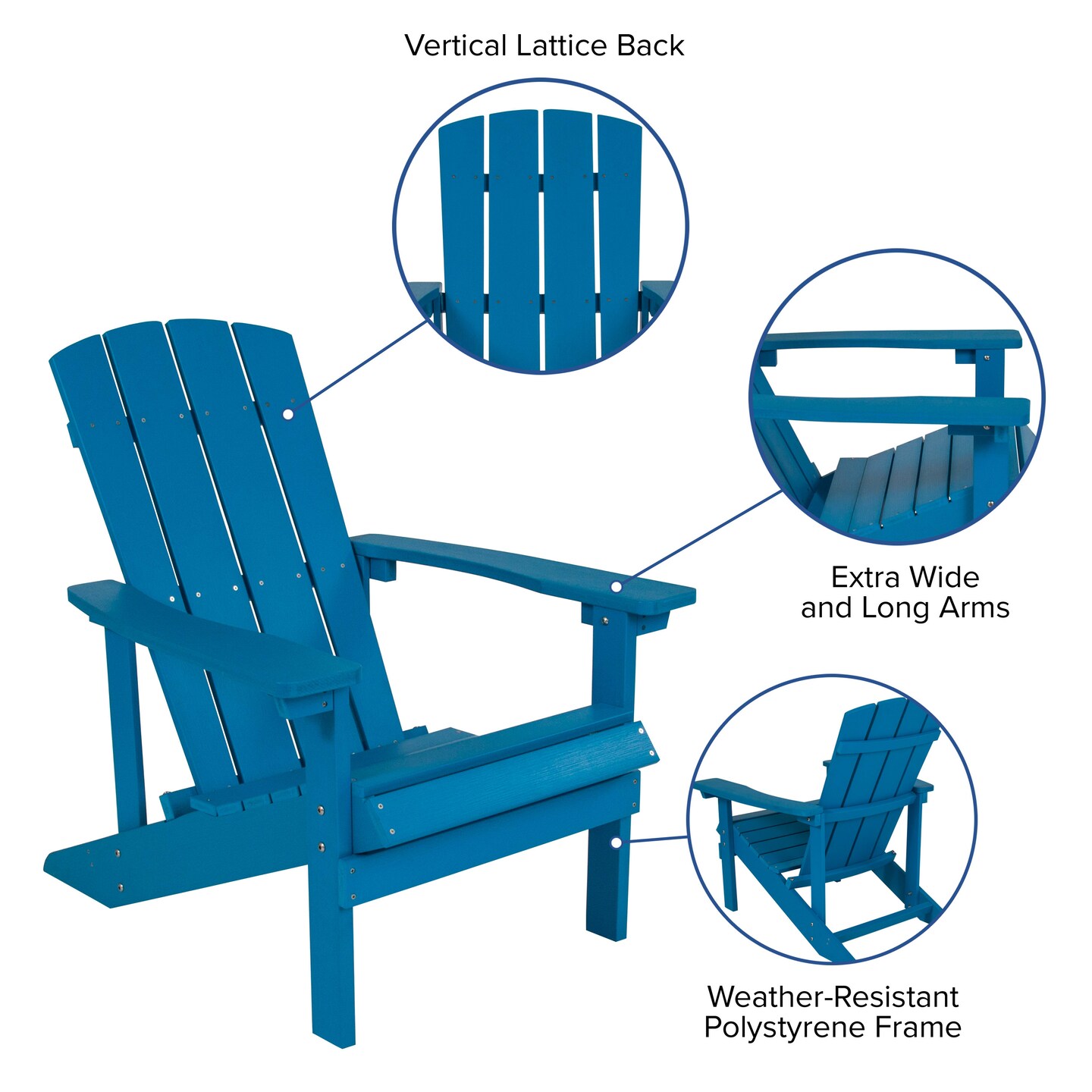 Merrick Lane Riviera Azure Adirondack Patio Chairs With Vertical Lattice Back And Weather Resistant Frame
