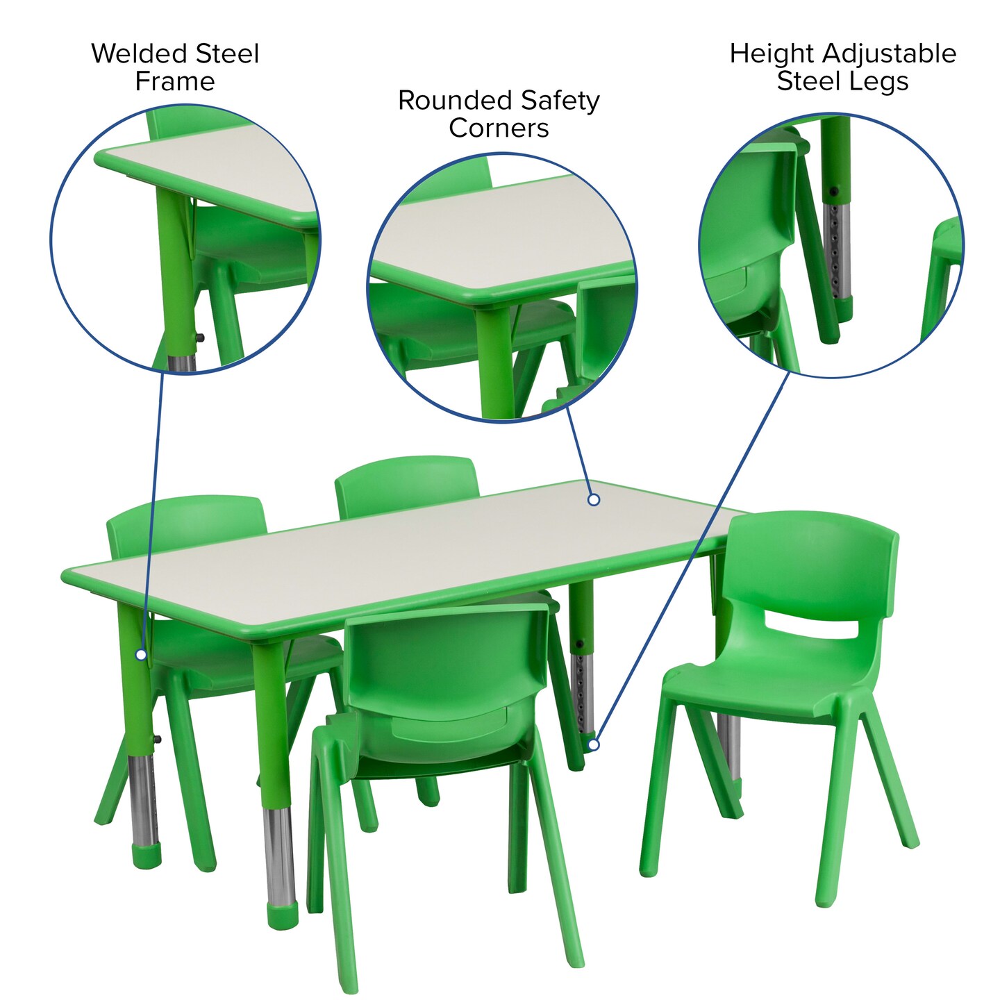 Emma and Oliver 23.625"W x 47.25"L Rectangular Plastic Height Adjustable Activity Table Set with 4 Chairs
