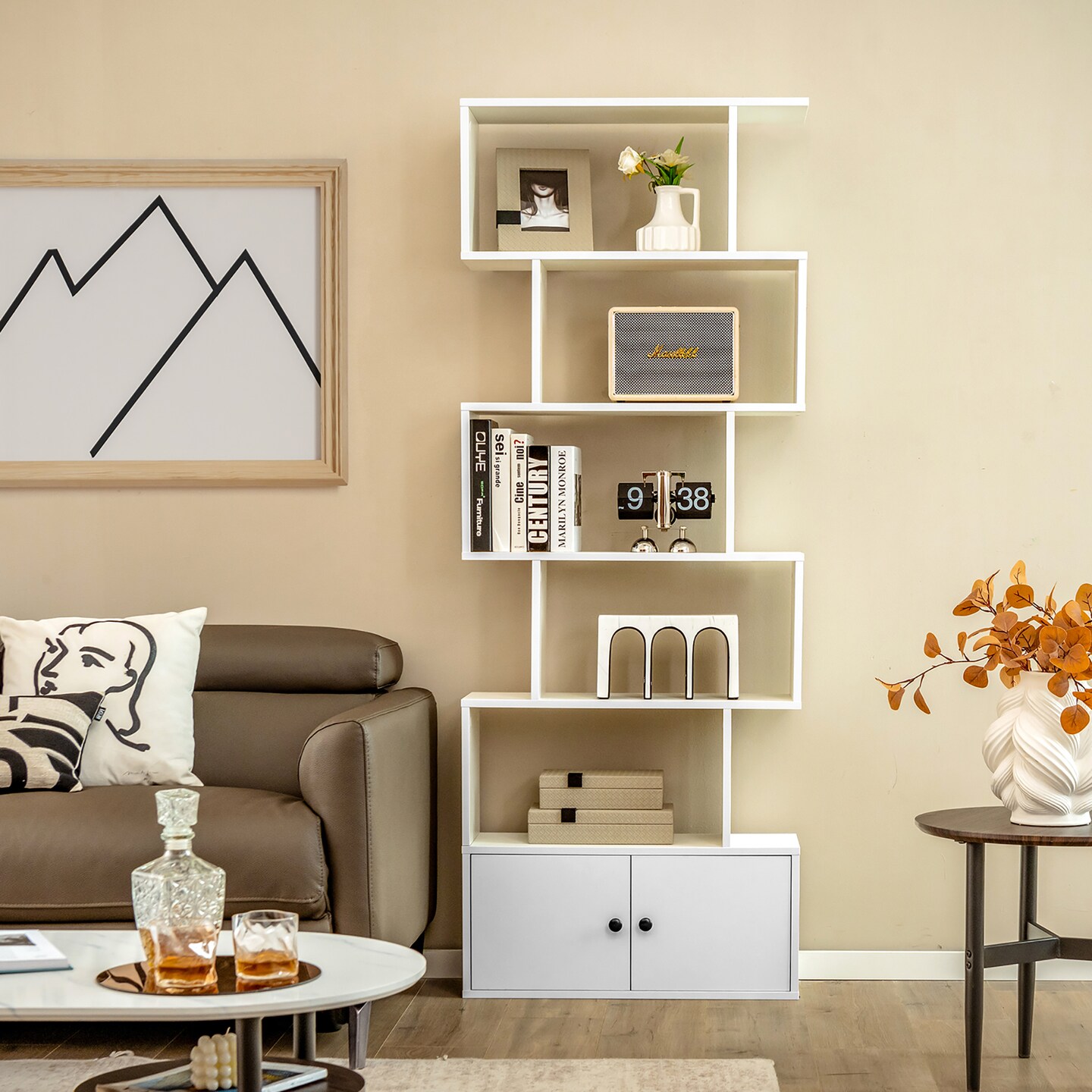 Costway Bookshelf with Cabinet 6-Tier S-Shaped Bookcase Storage Rack Rustic Brown/White/Black