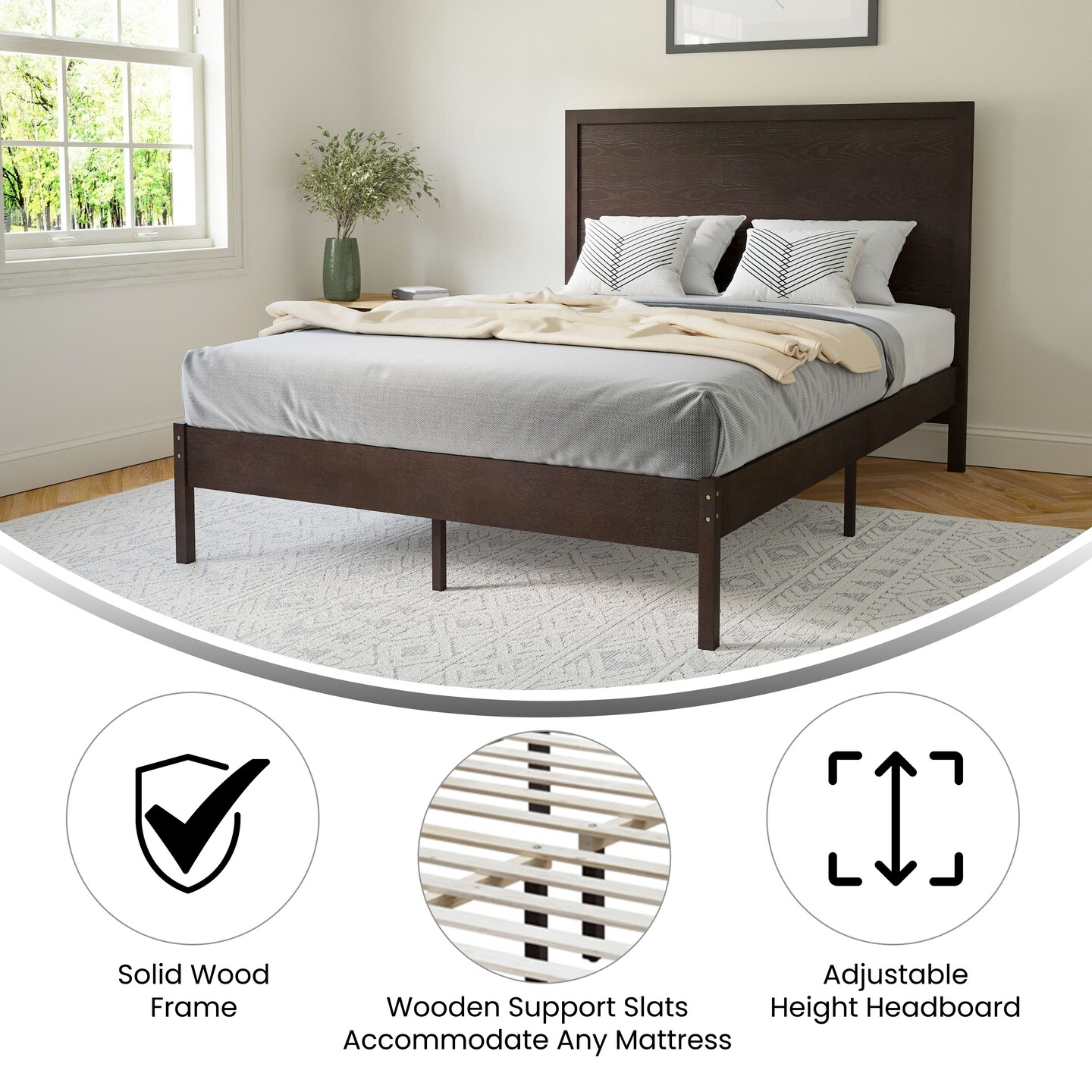Merrick Lane Ketner Solid Wood Platform Bed with Wooden Slats and Headboard, No Box Spring Needed