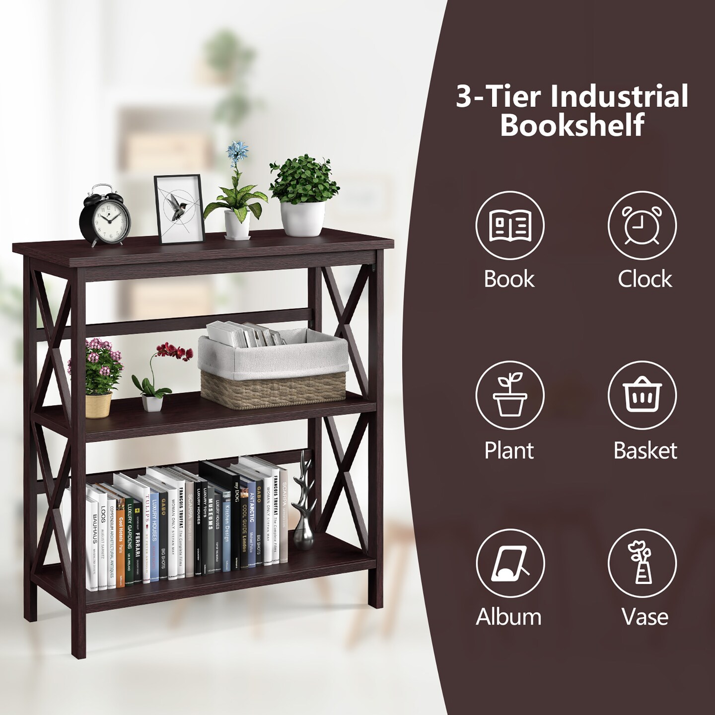 Costway 3-Tier Bookshelf Wooden Open Storage Bookcase for Home Office White\Black\Coffee\Natural