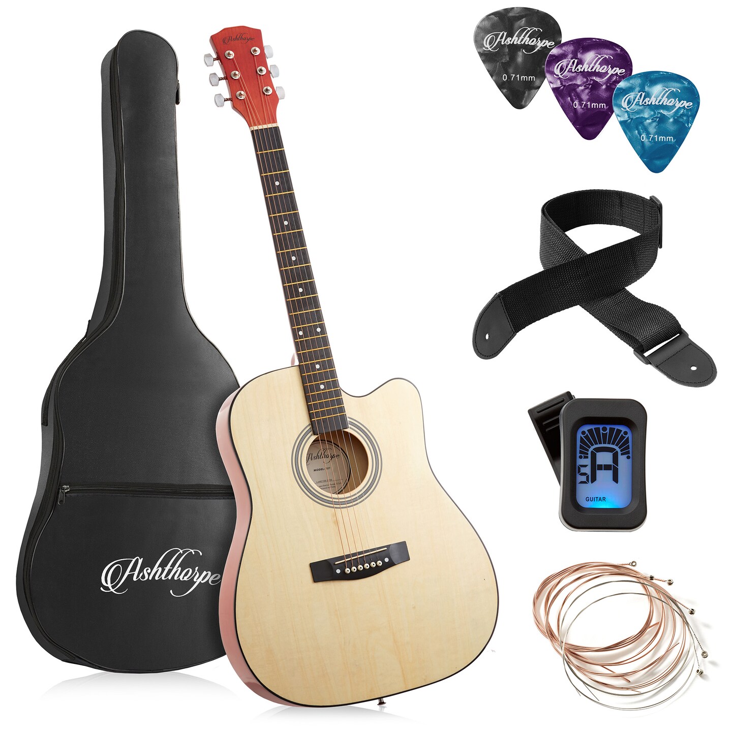 Ashthorpe 41-inch Beginner Cutaway Acoustic Guitar Package, Full Size Basic Starter Kit w/ Gig Bag, Strings, Strap, Tuner, Picks