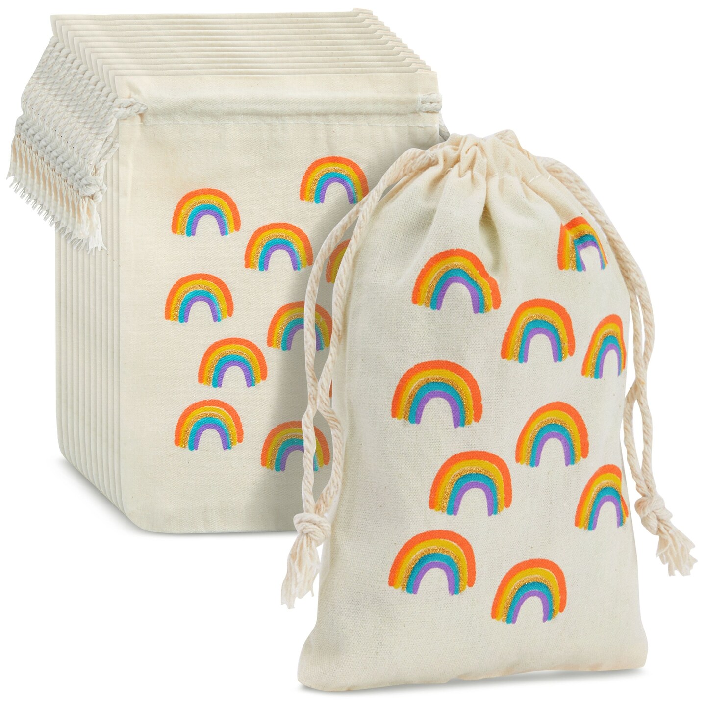 Party Favor Bags - 12-Pack Rainbow Party Favor Bags - Mini Canvas Drawstring Treat Gift Pouches, Rainbow Party Supplies | Kids Birthdays, Unicorn Parties, Rainbows with Gold Glitter, 4 x 6 Inches
