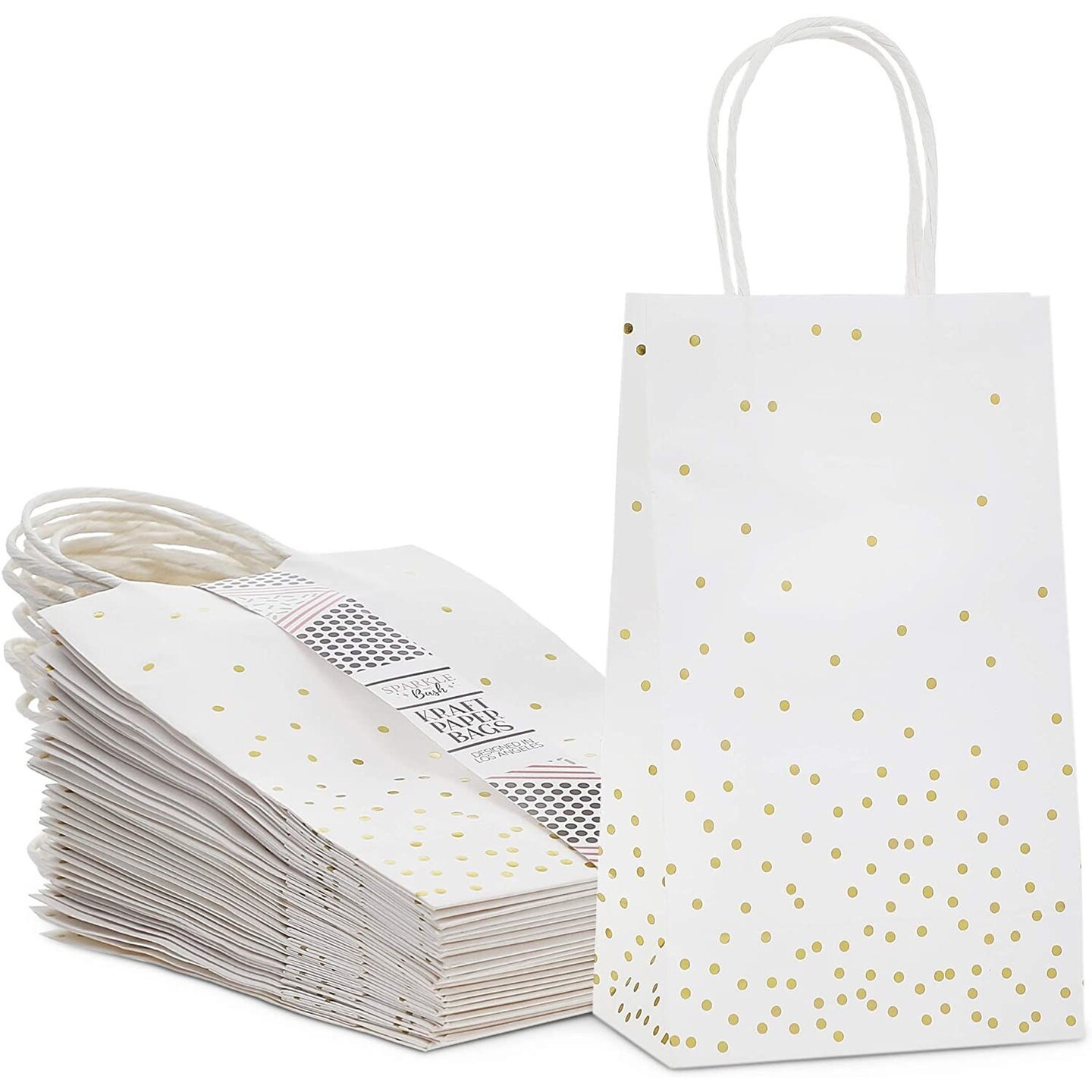 25 Pack Small Gift Bags with Handles - White Paper Bags with Gold Foil  Polka Dots for Birthday, Wedding, Retail (5.5x3x9 In)
