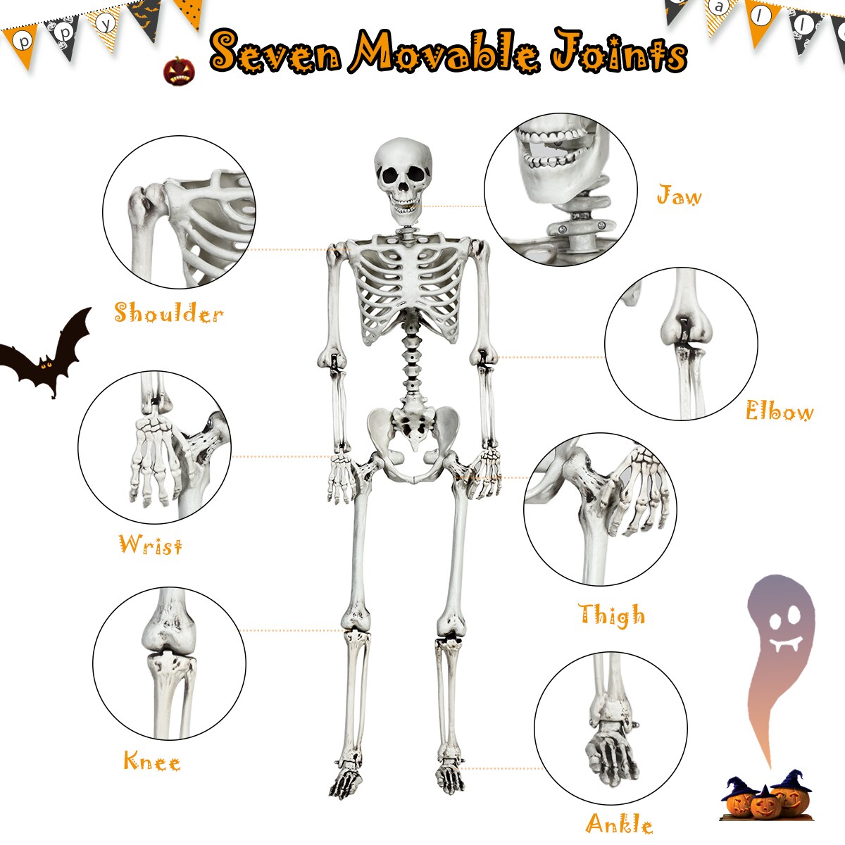 Costway 5.4ft Halloween Skeleton Life Size Realistic Full Body Hanging w/ Movable Joints