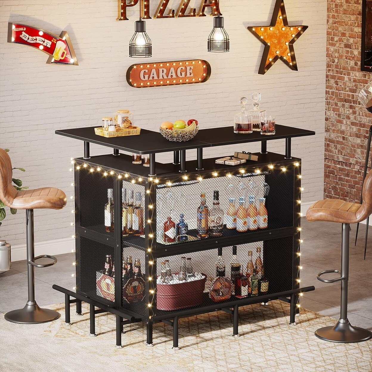 Tribesigns   L-Shaped Liquor Bar Table with Stemware Racks and 2-Tier Shelves Corner Mini Bar Cabinet Coffee Bar Table