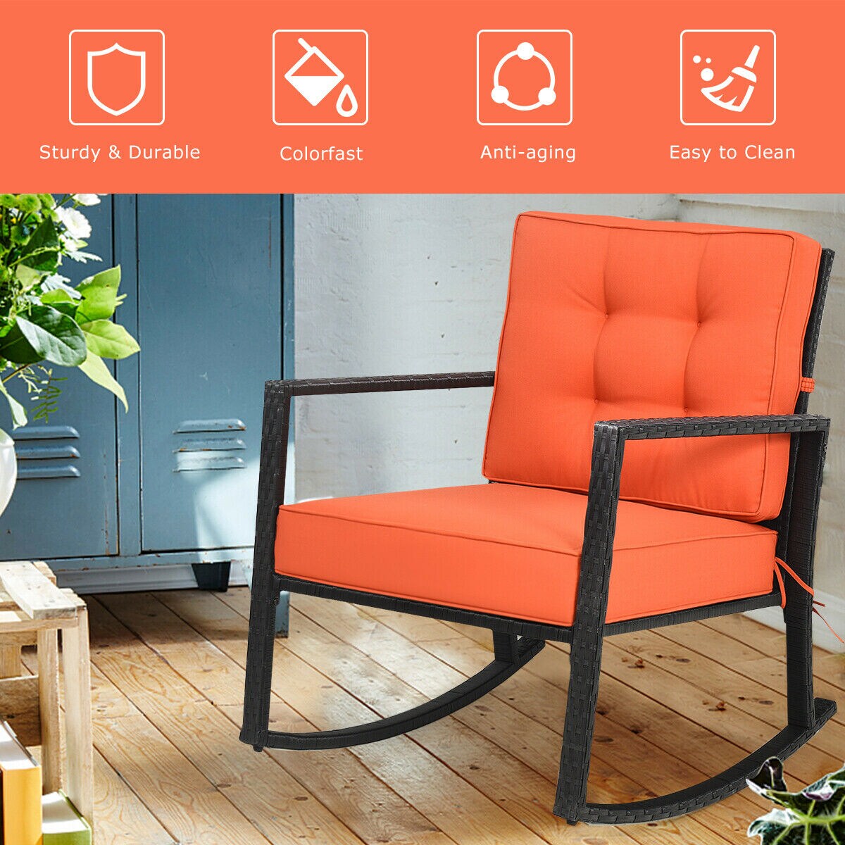 Patio Rattan Rocker Outdoor Glider Rocking Chair Cushion Lawn