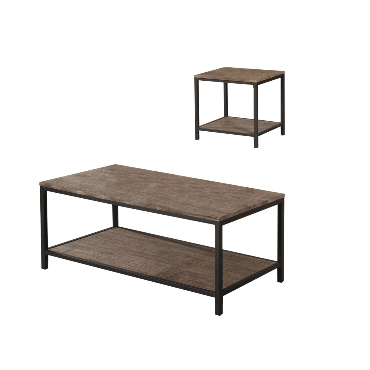 Saltoro Sherpi 3 Piece Coffee and End Table Set, Wood Surface, Bottom Shelves, Black Metal