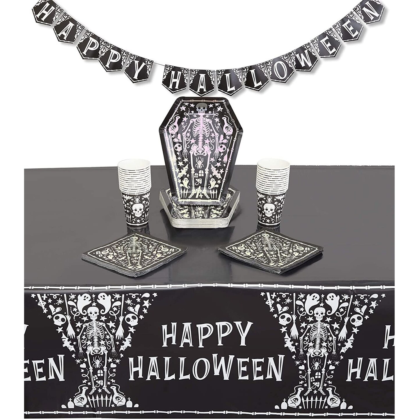 Halloween Tombstone Party Dinnerware Set, Table Cover, Banner (74 Pieces)