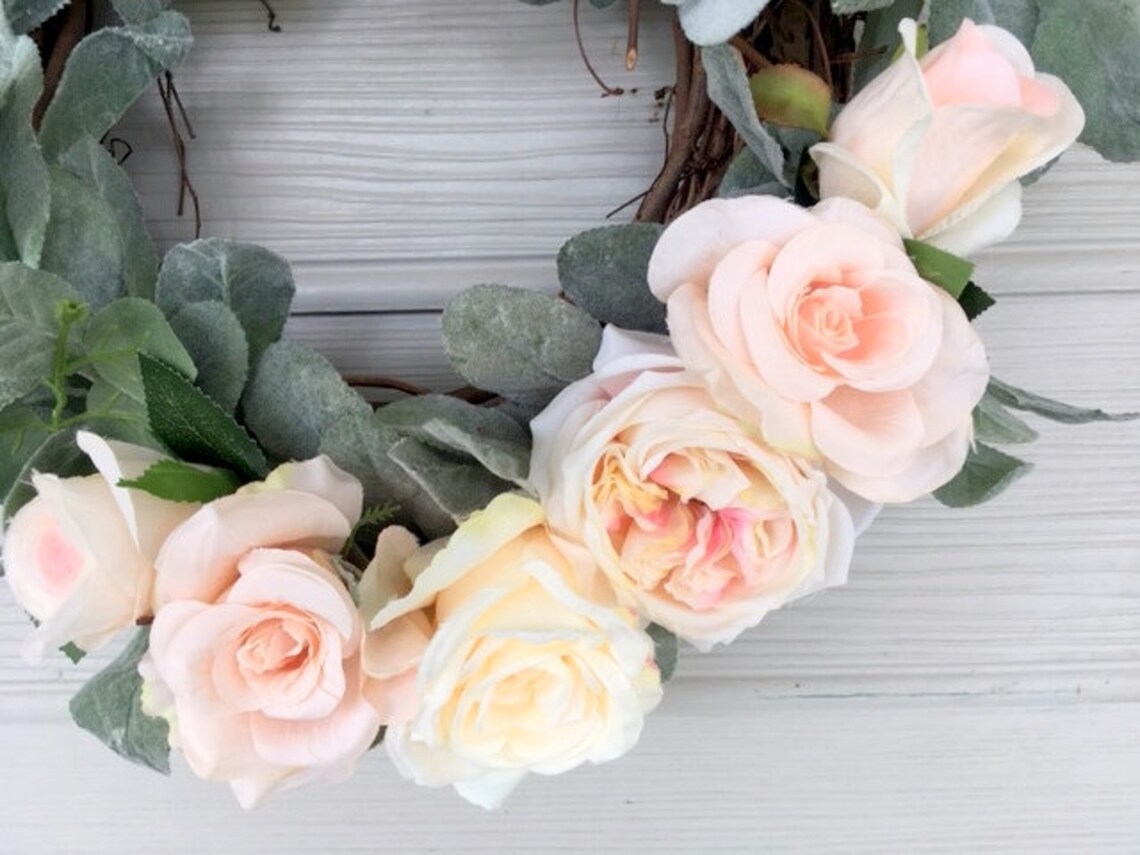 Year round lamb's ear wreath pink roses