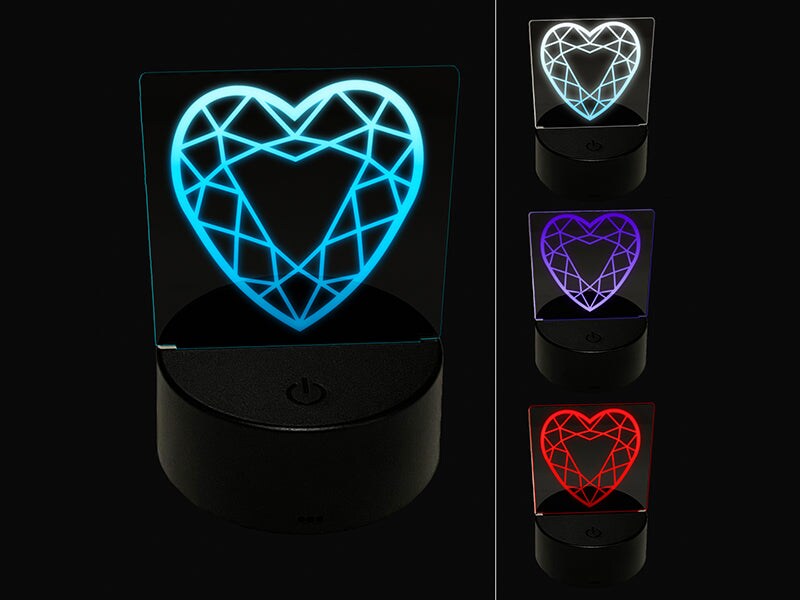 Heart Gem Cut Diamond Jewelry 3D Illusion LED Night Light Sign Nightstand Desk Lamp