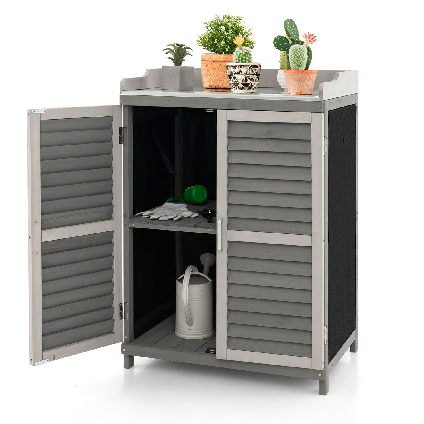 Garden Potting Bench Table with 2 Storage Shelves and Metal Plated Tabletop-Gray
