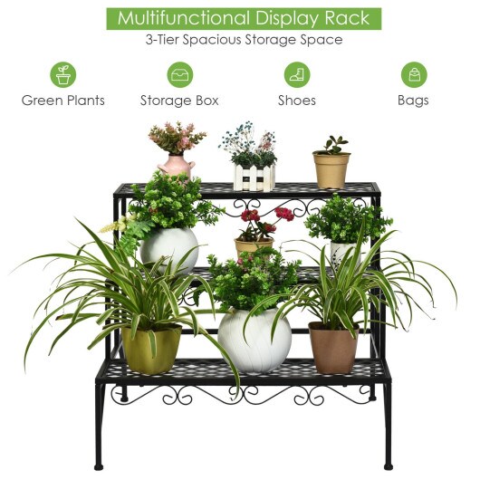 Black 3 Tier Metal Plant Stand Flower Rack Sturdy Indoor Outdoor Storage Shelf