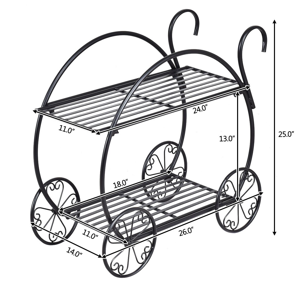 Black Heavy Duty Metal Flower Cart Plant Stand for Indoor-Outdoor Use