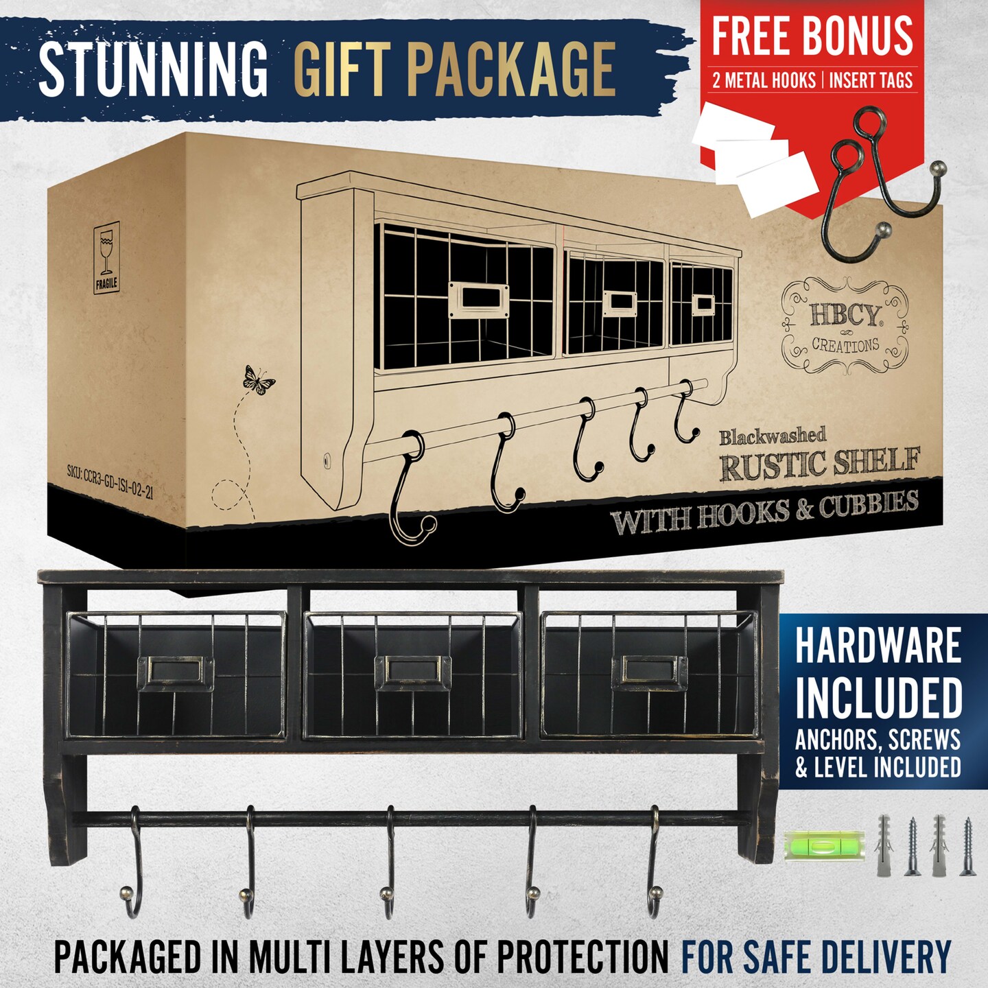 HBCY Creations Rustic Coat Rack Wall Mounted Shelf with Hooks & Baskets, Entryway Organizer Wall Shelf with 5 Coat Hooks and Cubbies