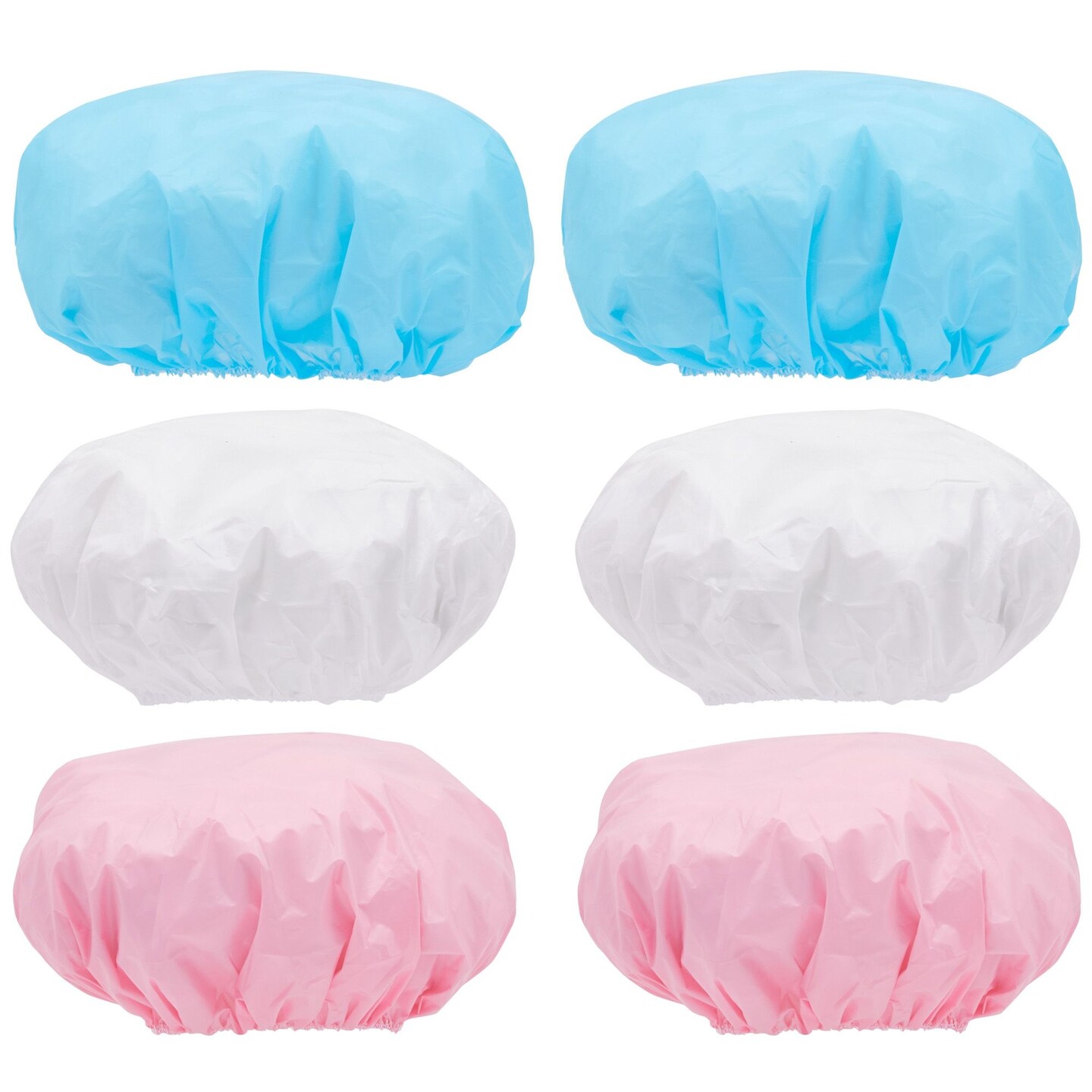 Durable Shower Cap for Women, Lined Bath Bouffants in White, Blue, and Pink (6 Pack)