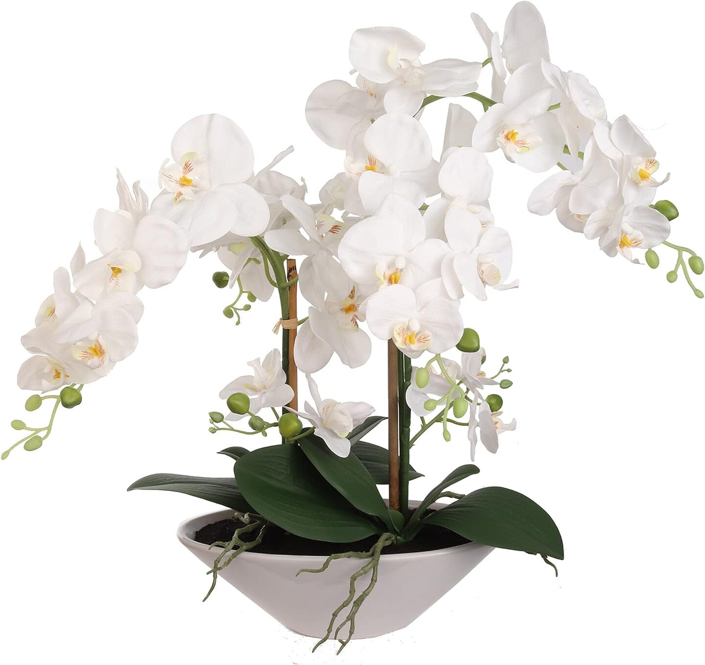 Artificial White Phalaenopsis Orchid Arrangement in White Ceramic Boat Vase | 22-Inch | Lifelike Silk Blooms & Latex Foliage | Floral Arrangements | Home & Office Decor