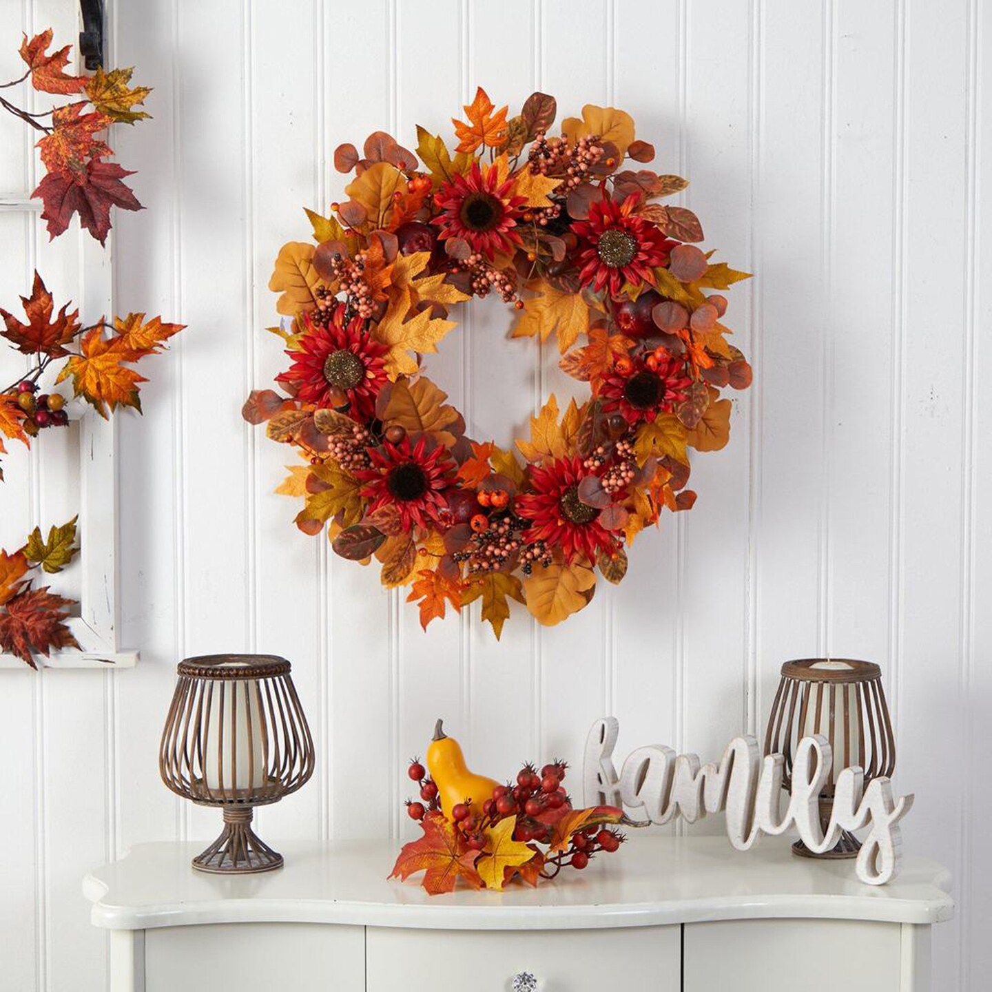 Nearly Natural 30&#x22; Fall Acorn, Sunflower, Berries and Autumn Foliage Artificial Wreath
