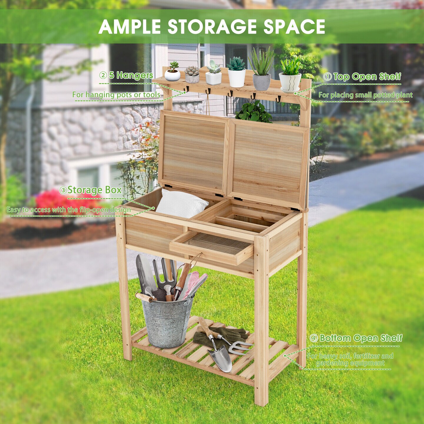 Outdoor Garden Potting Bench Table with Metal Top Open Shelf