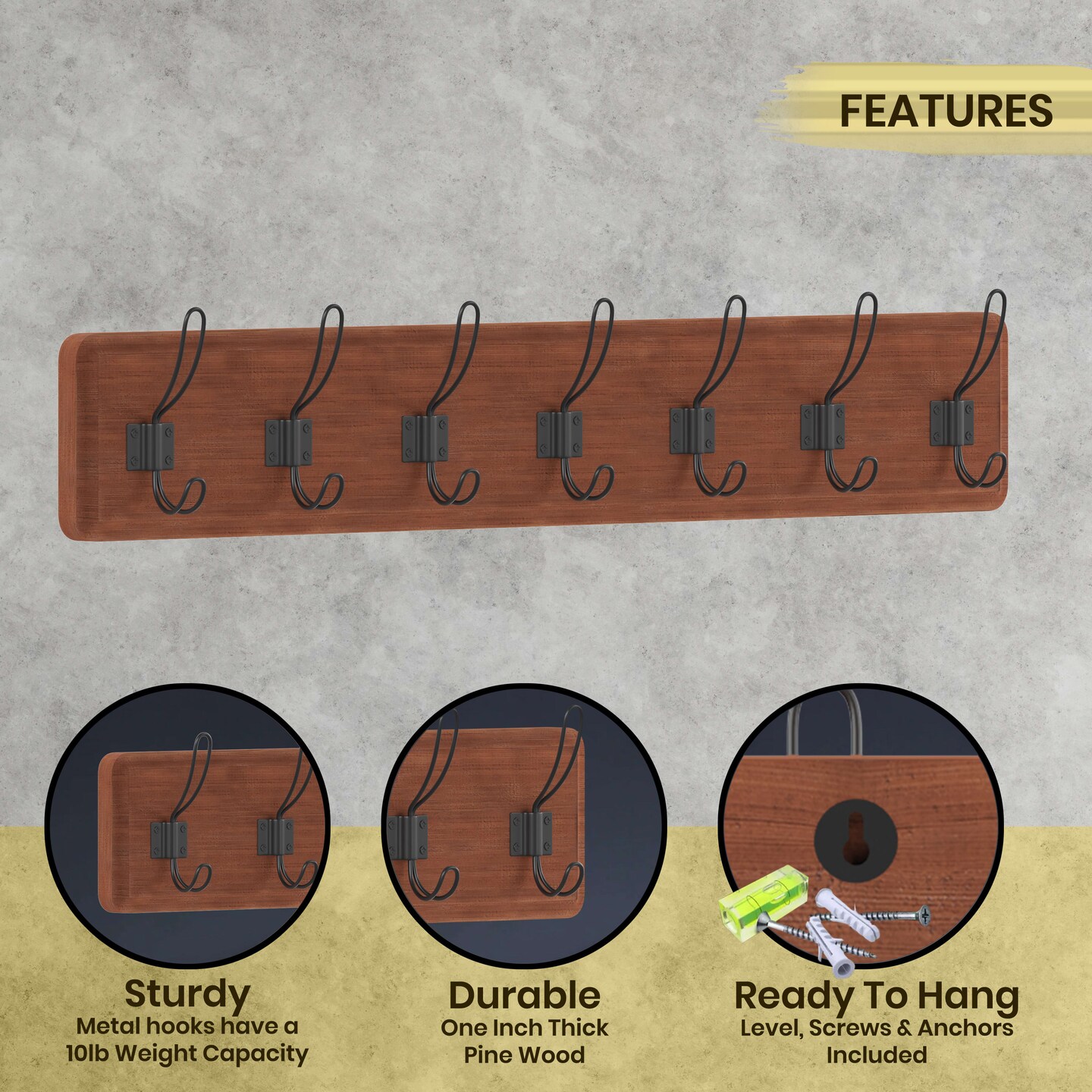 HBCY Creations Wall Mounted Storage Rack - Pine Wood Construction - 7 Hooks - Ideal for Entryway, Kitchen, Bathroom and More