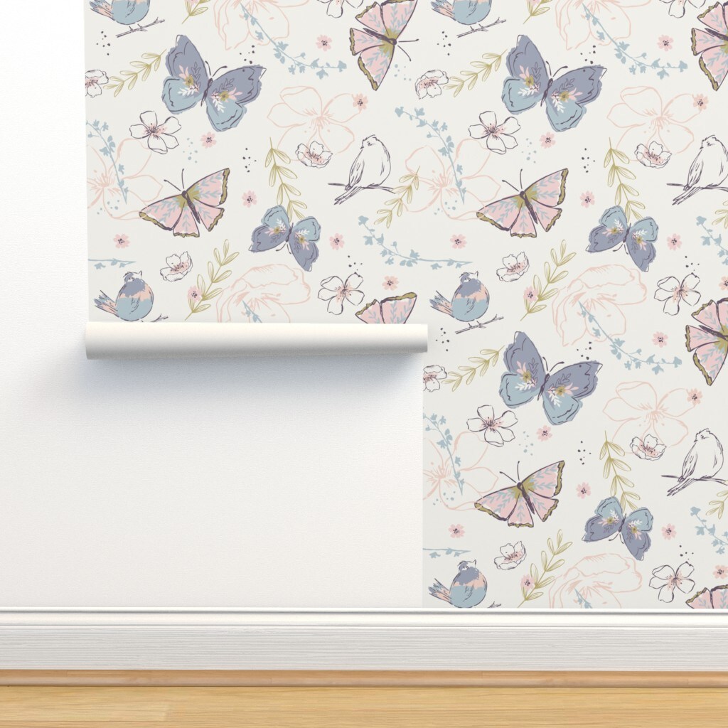 Garden Butterfly Songbird Pastel Pink Purple Botanical Whimsical Soft Pastels Floral Custom Removable Wallpaper by Spoonflower Peel & Stick Wallpaper 2FT Wide