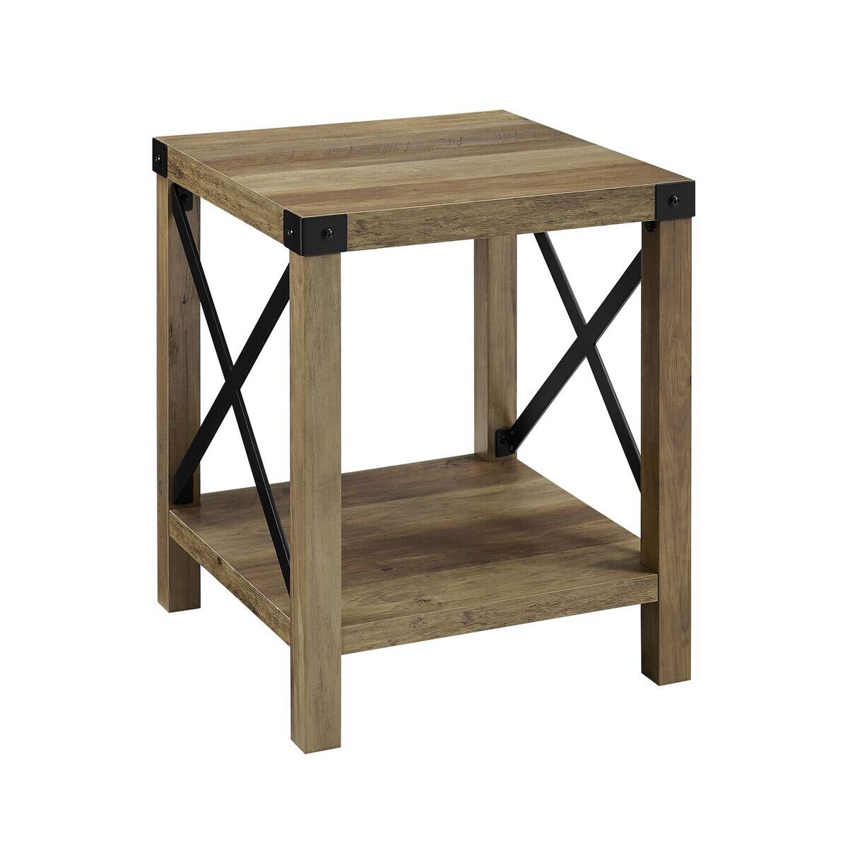 Offex   18&#x22; Rustic Urban Industrial Style Metal X Side Table - Rustic Oak
