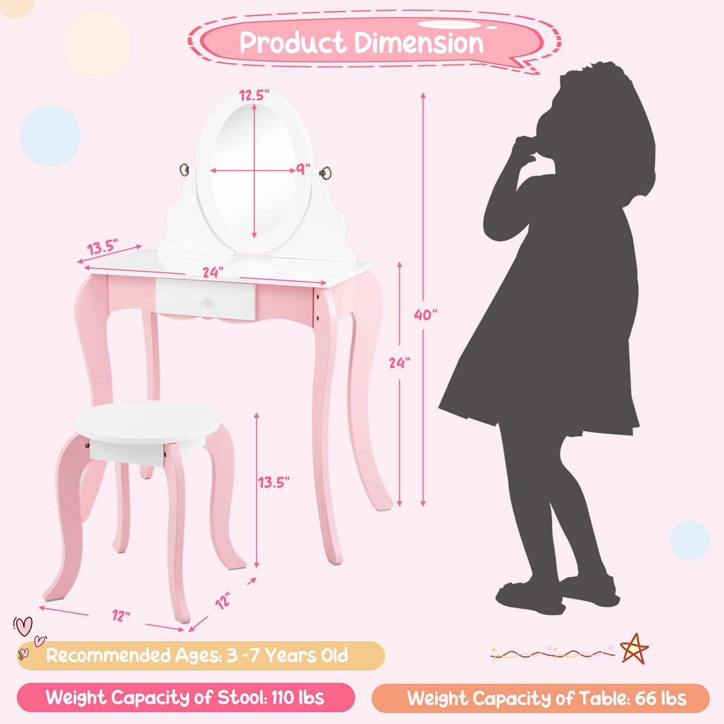 Pretend Kids Vanity Set Makeup Dressing Table with 360&#xB0; Rotatable Mirror