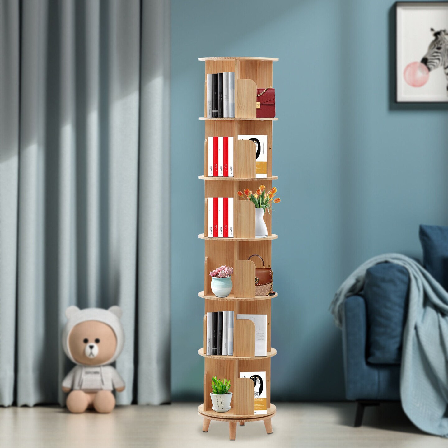 Kitcheniva 6-Tier 360&#xB0; Wooden Rotating Bookshelf Display Rack