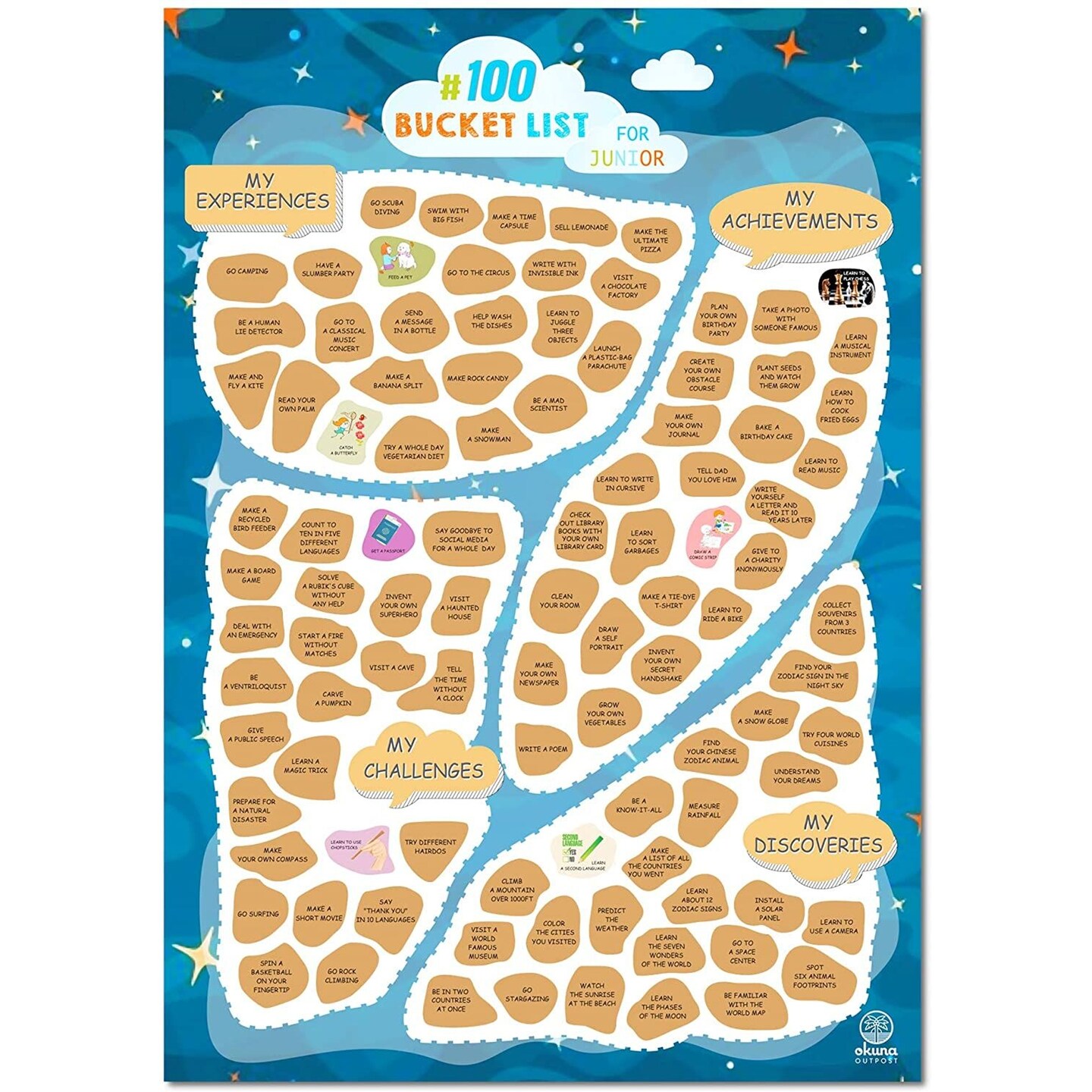 Kids Scratch Off Poster, 100 Things To Do Bucket List (16.5 x 23.5 Inches)