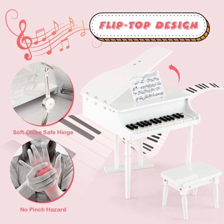 MDF and Birch Kids Classical Piano with Bench, Music Stand and Safe Design
