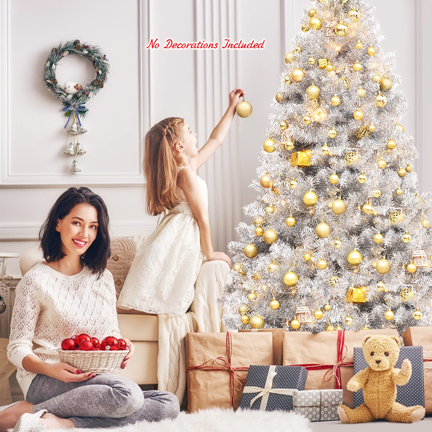 Costway 7.5Ft Hinged Unlit Artificial Tinsel Christmas Tree Holiday,Silver ,Gold