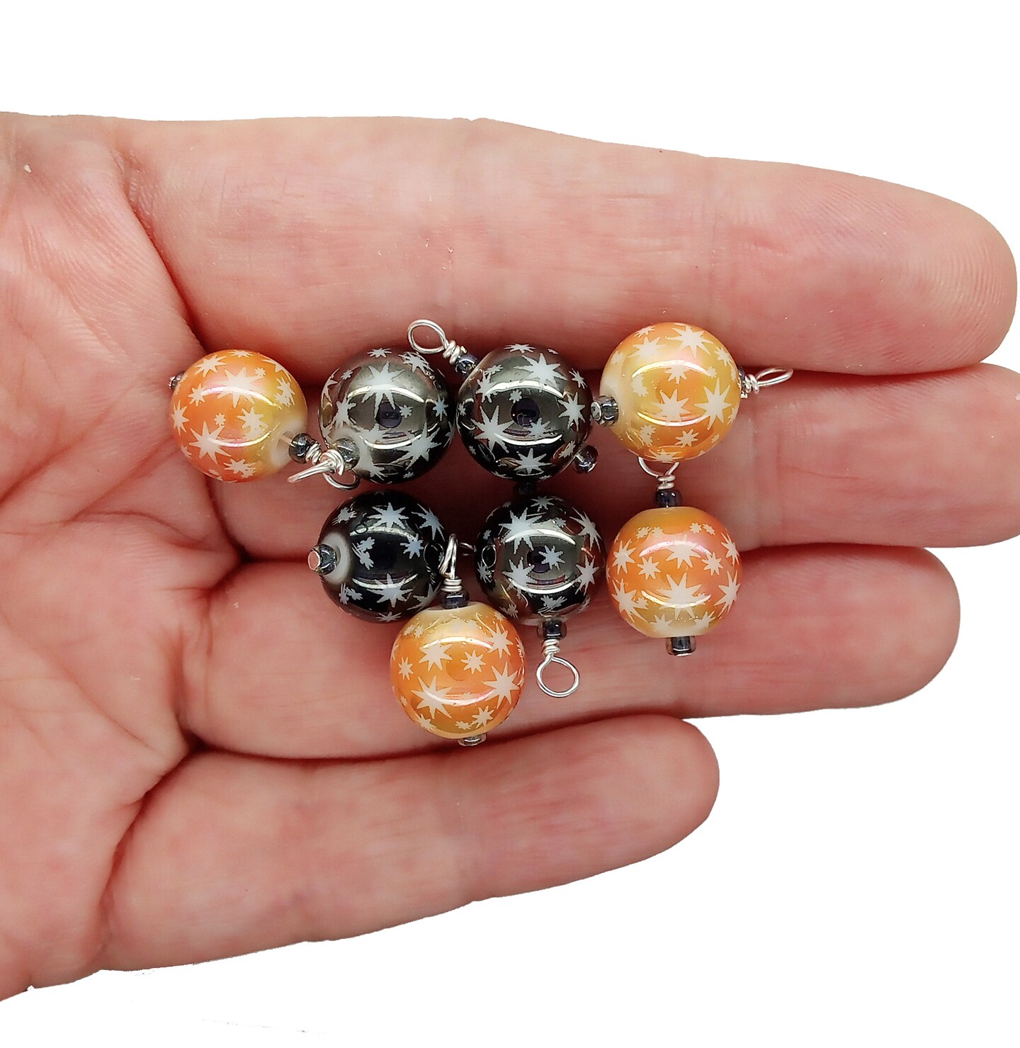 Halloween Bead Charms, 8 pieces, Orange &#x26; Black 10mm Glass Bead Dangles, Adorabilities