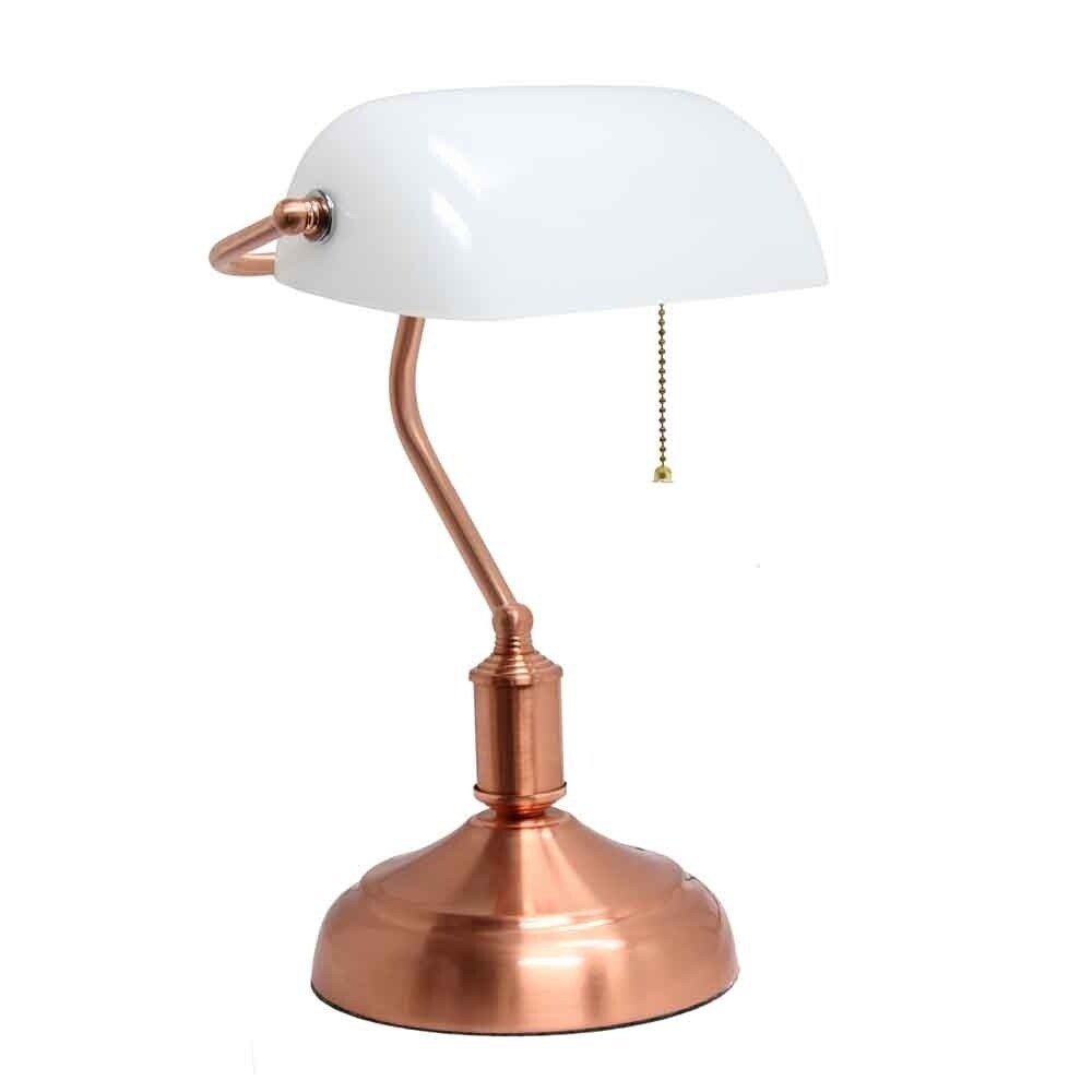 Simple Designs   Executive Bankers Desk Lamp with White Glass Shade, Rose Gold