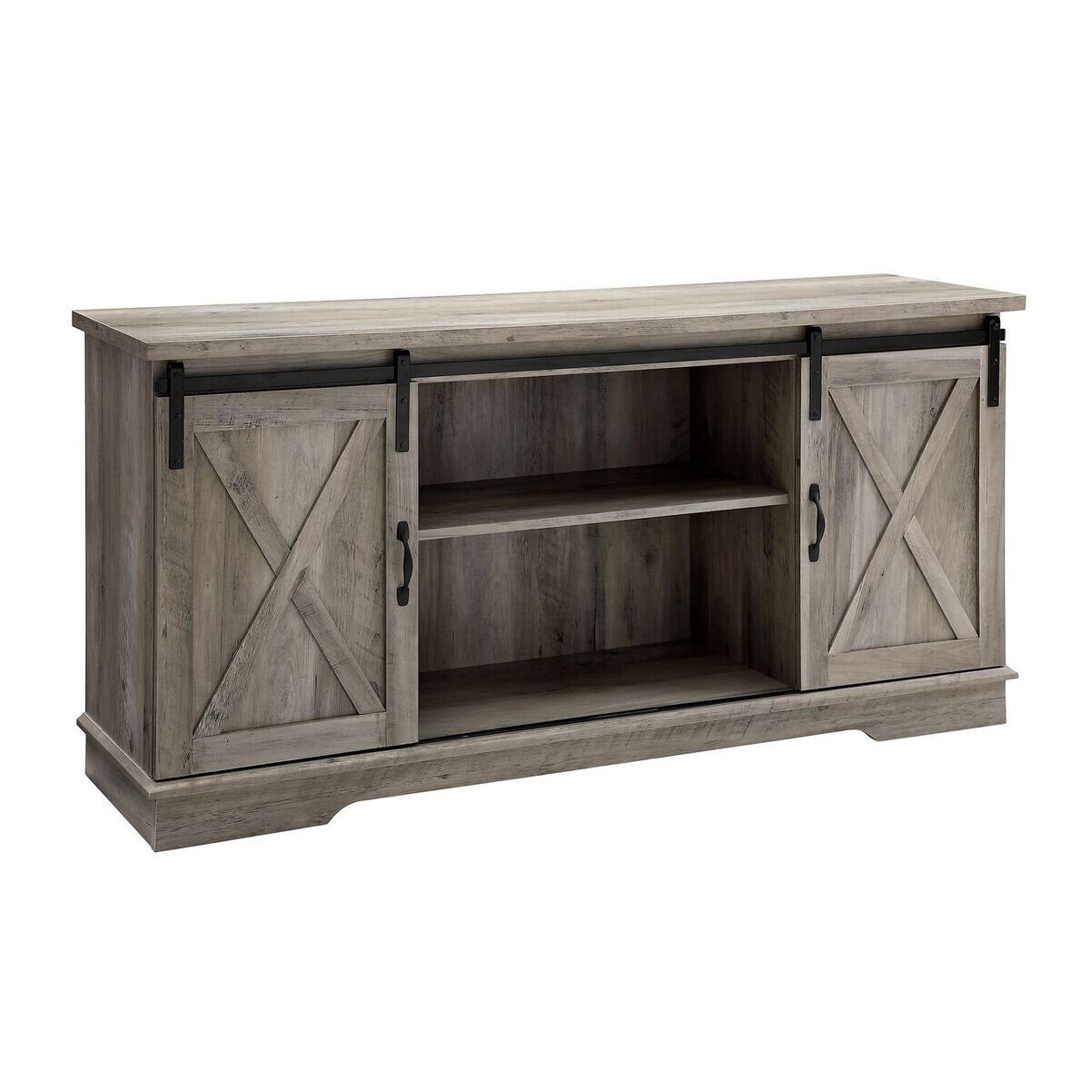 Offex   58&#x22; Sliding Barn Door TV Media Stand Console - Grey Wash