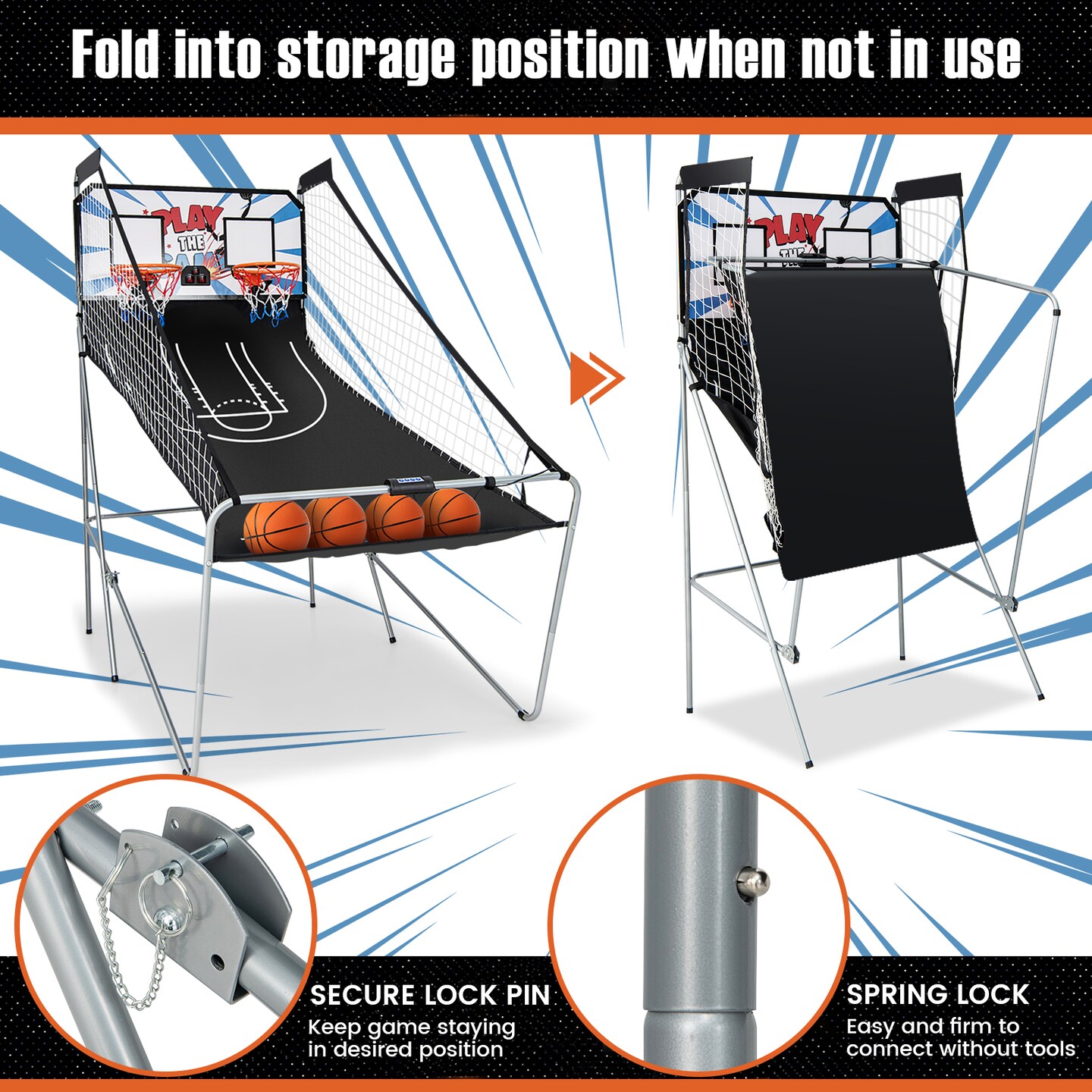 Black Foldable Indoor Basketball Arcade Game with LED Electronic Scoring