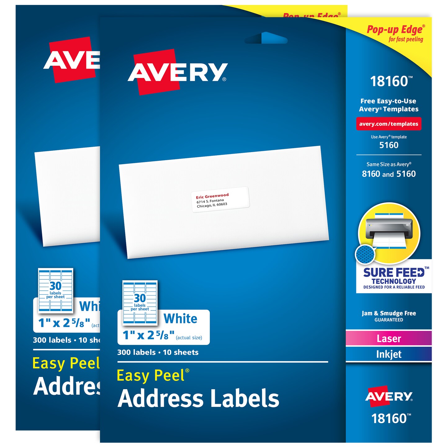 Avery Easy Peel Address Labels, 1&#x22; x 2-5/8&#x22;, (2 Pack of 18160)