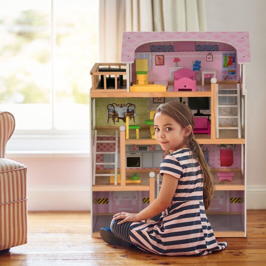 Wood Dollhouse Cottage with Furniture Playset for Kids