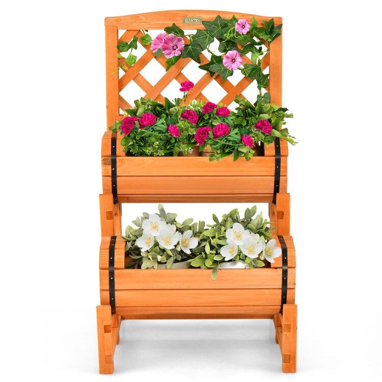 Orange Fir Wood Vertical 2-Tier Garden Planter with Trellis and Metal Reinforced