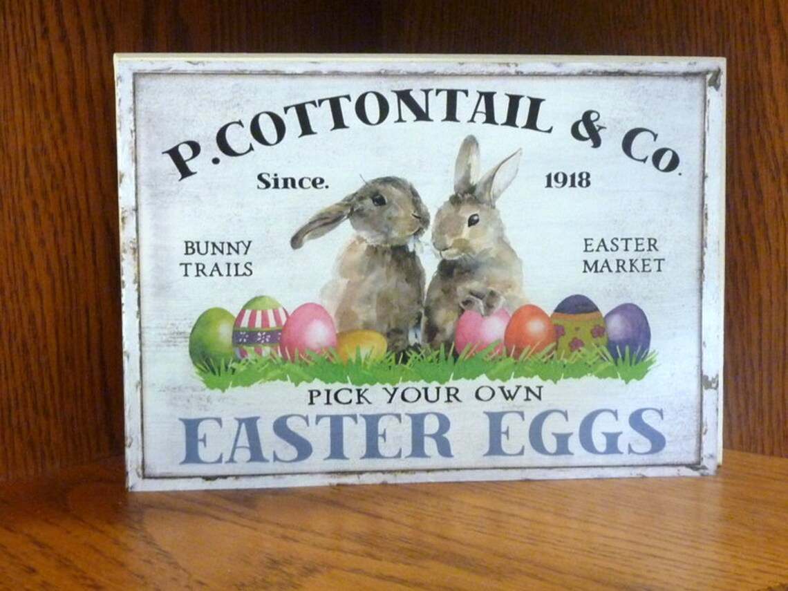 Easter sign, Bunny sign, wood wall art, Farmhouse décor, P. Cottontail Easter Egg sign 231830085732990977