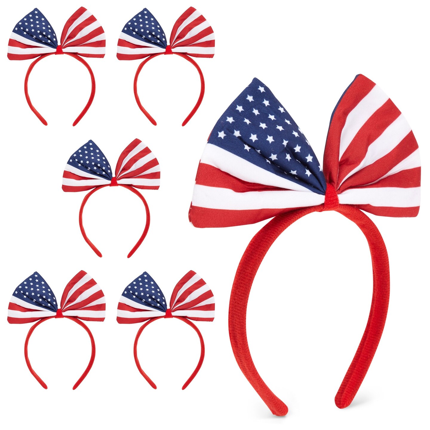 6 Pack American Flag Bow Headbands for Women, Patriotic Hair Accessories, Red, White, and Blue
