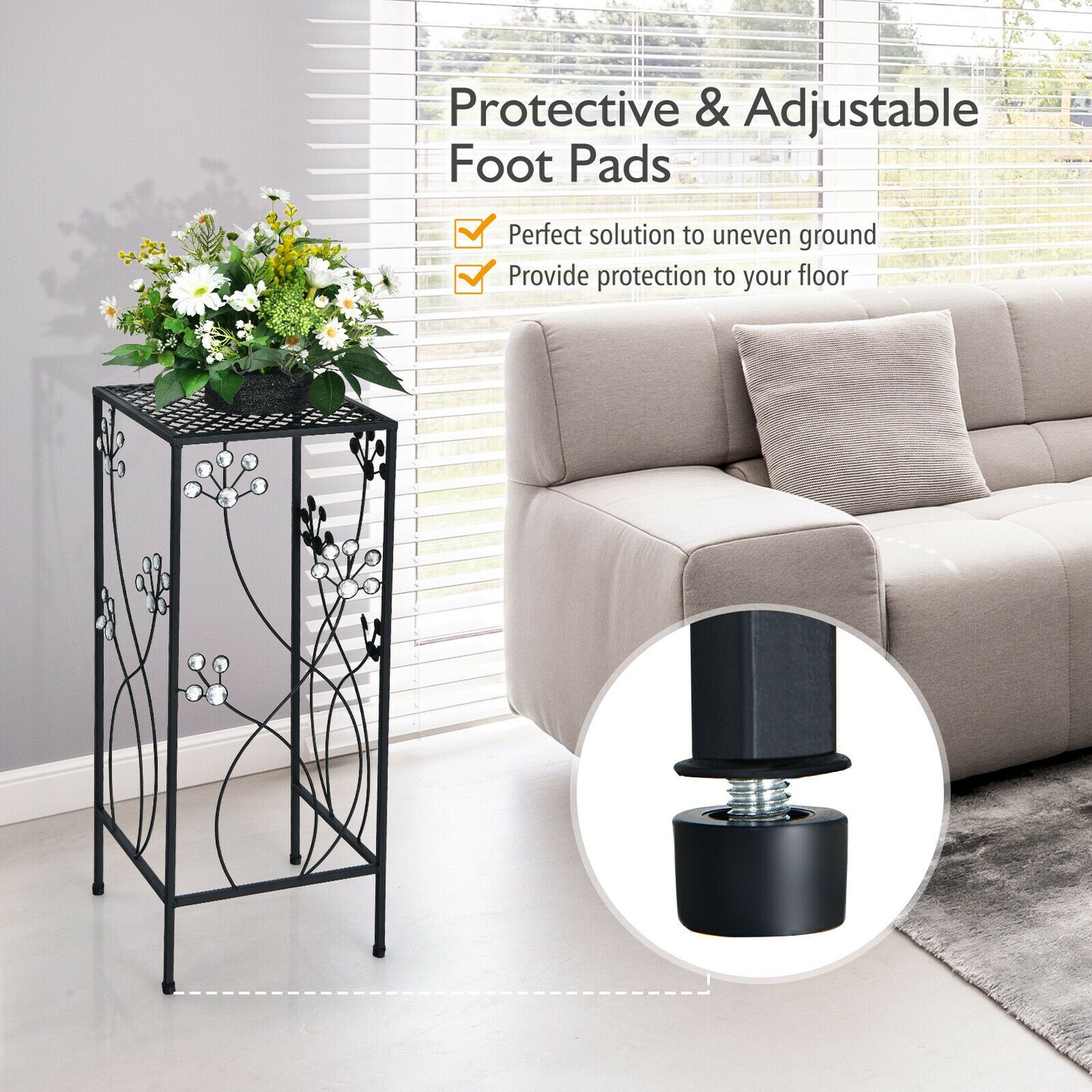 3 Pieces Metal Plant Stand Set with Crystal Floral Accents Square-Black