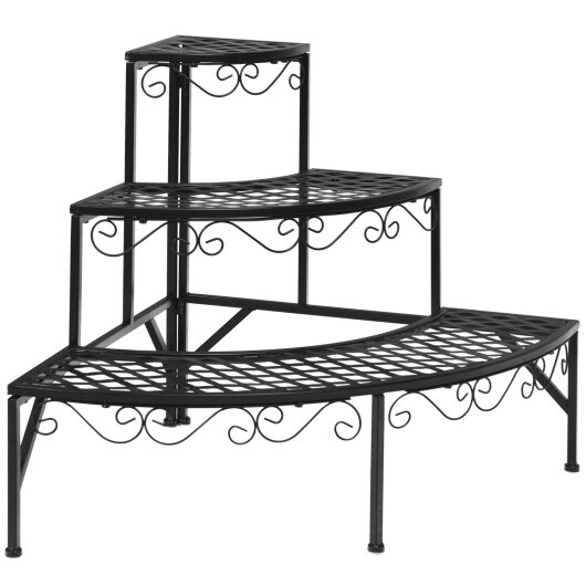 3 Tier Metal Plant Stand Black Fan Shape Flower Rack Sturdy Decorative