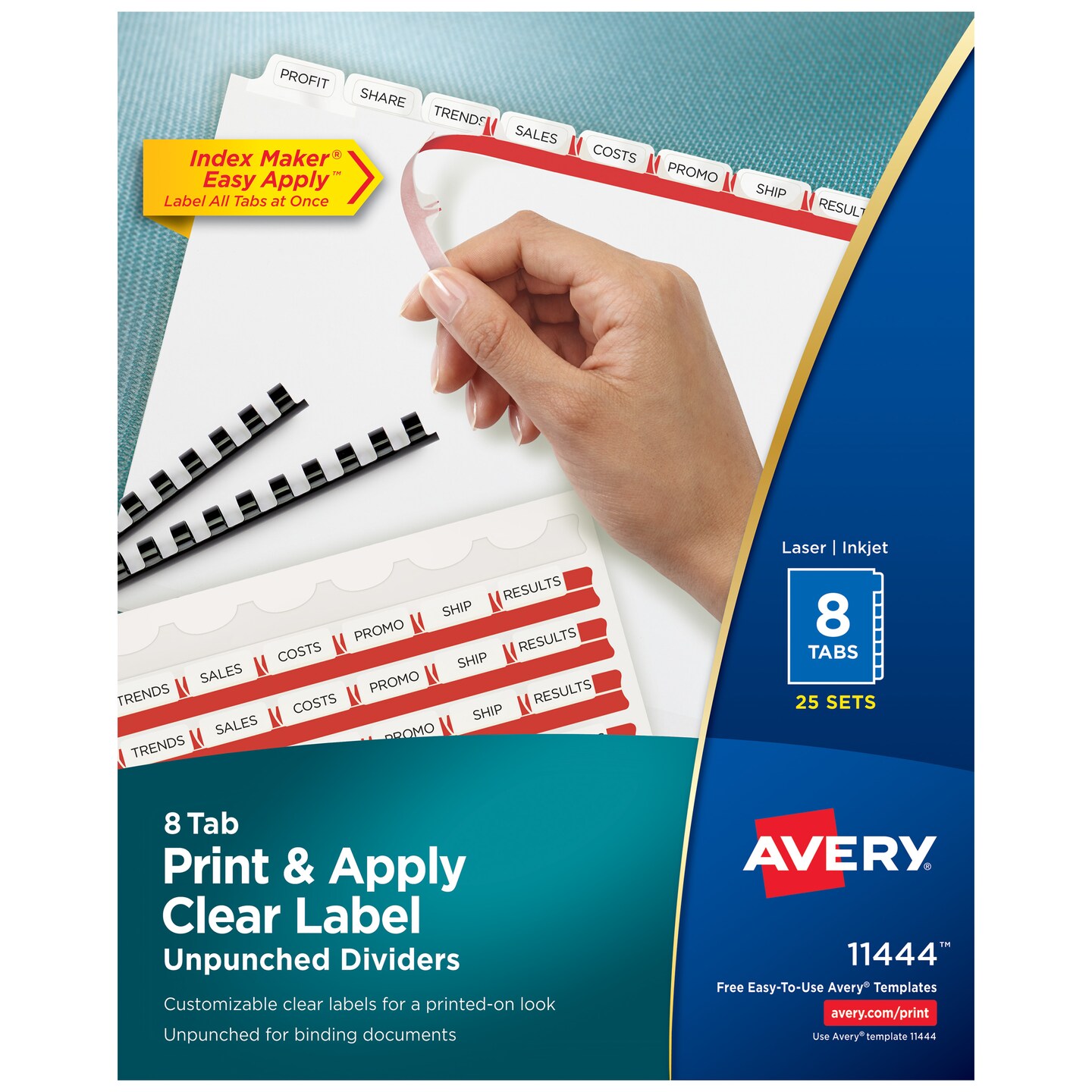 Avery 8 Tab Unpunched Dividers for Use with Any Binding System, Easy Print & Apply Clear Label Strip, Index Maker Customizable White Tabs, 25 Sets (11444)