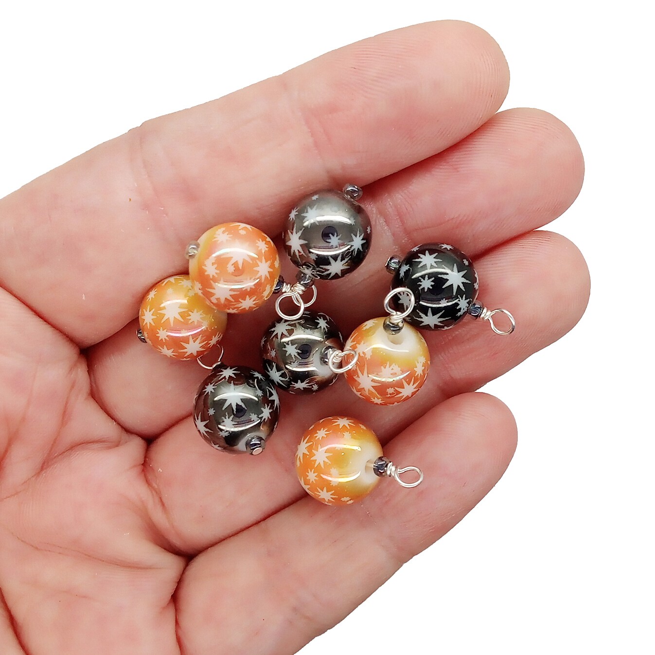 Halloween Bead Charms, 8 pieces, Orange & Black 10mm Glass Bead Dangles, Adorabilities