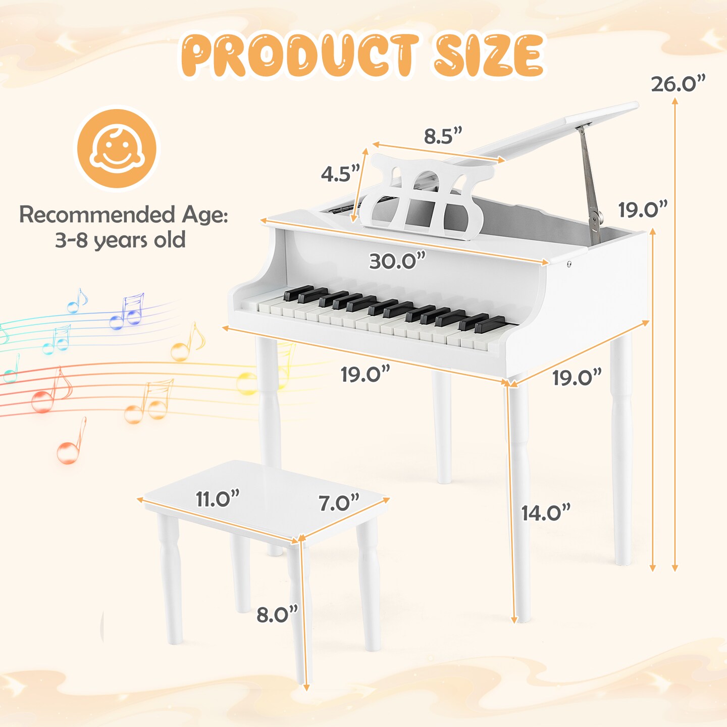 30-Key Wood Toy Kids Grand Piano with Bench and Music Rack