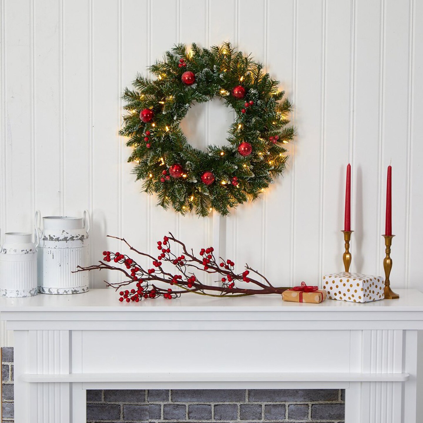 Nearly Natural 24&#x22; Frosted Artificial Christmas Wreath with 50 Warm White LED Lights, Ornaments and Berries