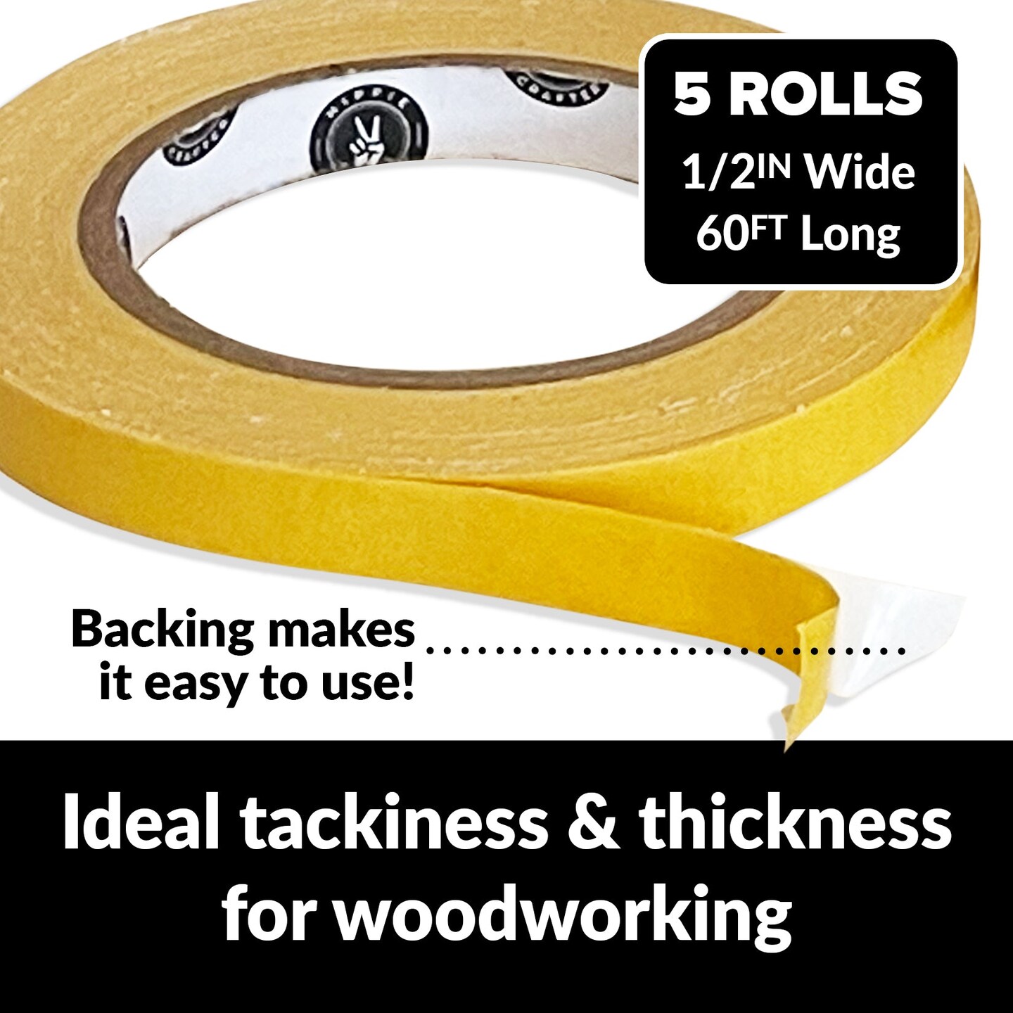 5 Pk Double Stick Tape Double Sided Woodworking Tape Double Sided 1/2&#x22; inch Wide Wood Tape for Woodworkers CNC Machines Routing Templates Strong Heavy Duty 60 Feet Each (300FT Total)