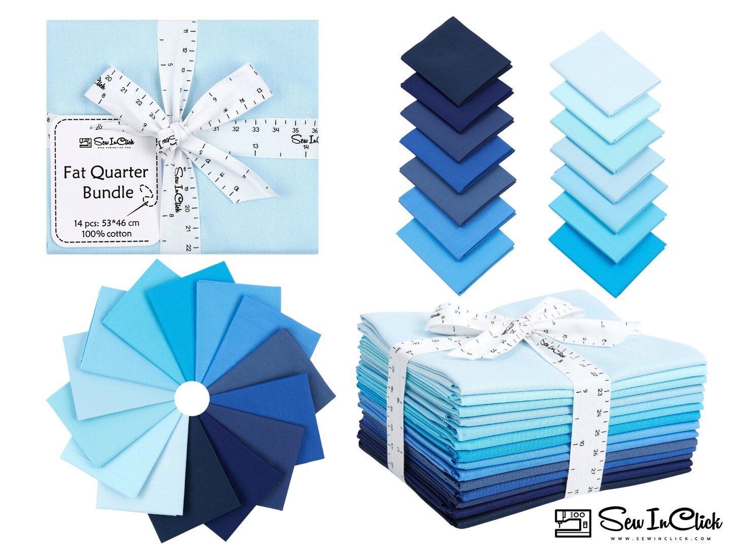 Fat Quarter Bundle -100% Cotton | Pure Solids | Shades of Blue and Navy l Mix - 14 Colors | Quilting &#x26; Crafting Fabric | Special Gift
