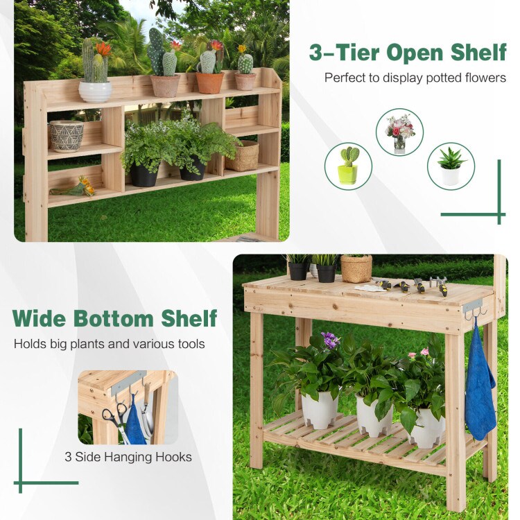 Wooden Garden Potting Table with Display Shelf and Built-In Sink